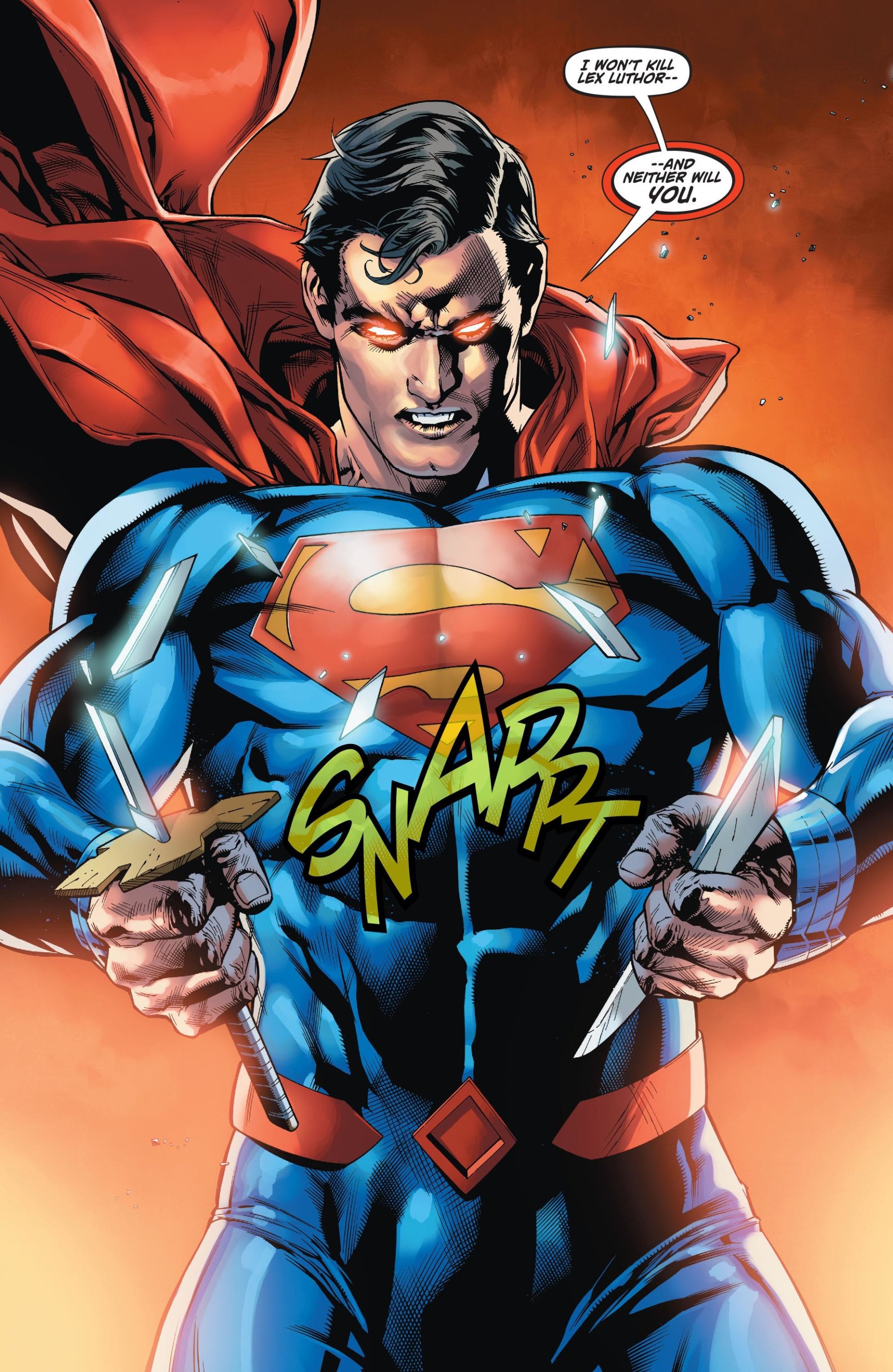 Comic image of Superman breaking multiple knives in his hands, with an intense expression and red cape flowing against an orange background.