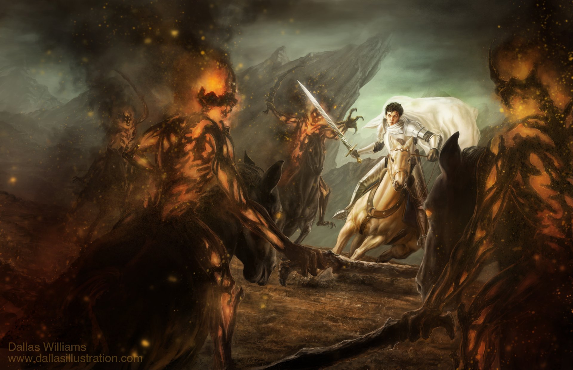 Fantasy warrior: an armored, winged knight battles towering flaming undead on a storm-torn battlefield.