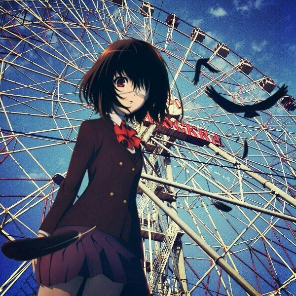 Mei Misaki from the anime Another stands confidently in front of a large ferris wheel against a blue sky background.
