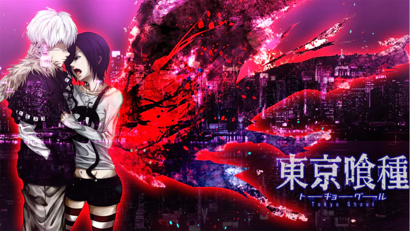 Ken Kaneki and Touka Kirishima from the anime Tokyo Ghoul are depicted in an intense and emotional scene, set against a vibrant, urban backdrop filled with dark, swirling colors.