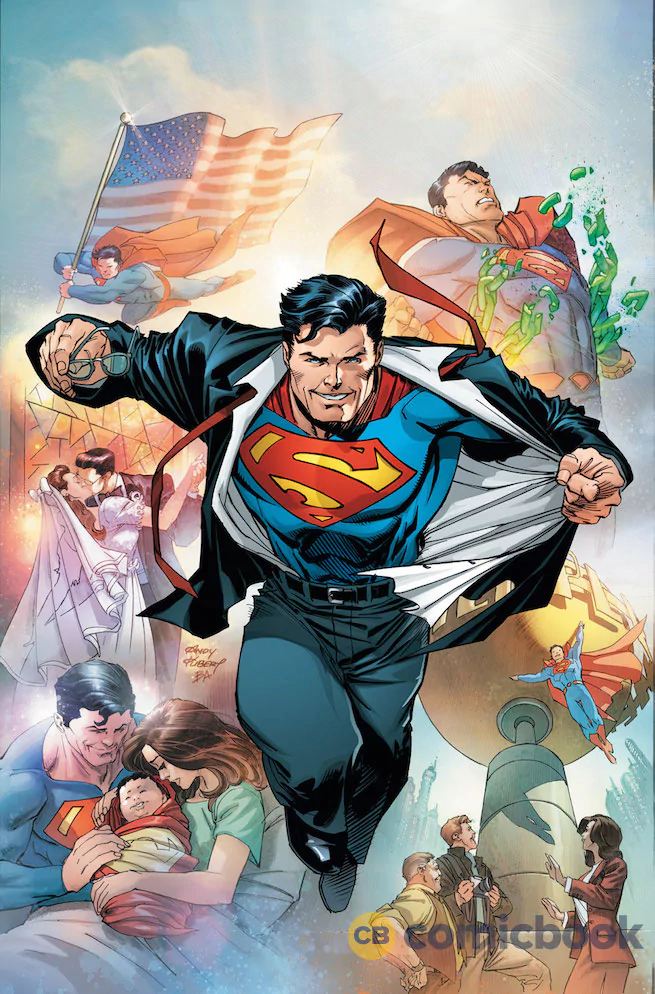 Superman revealing his emblem with scenes of Clark Kent, Lois Lane, Jon Kent, Jimmy Olsen, Perry White, Daily Planet, and an American flag in a vibrant DC Comics style.
