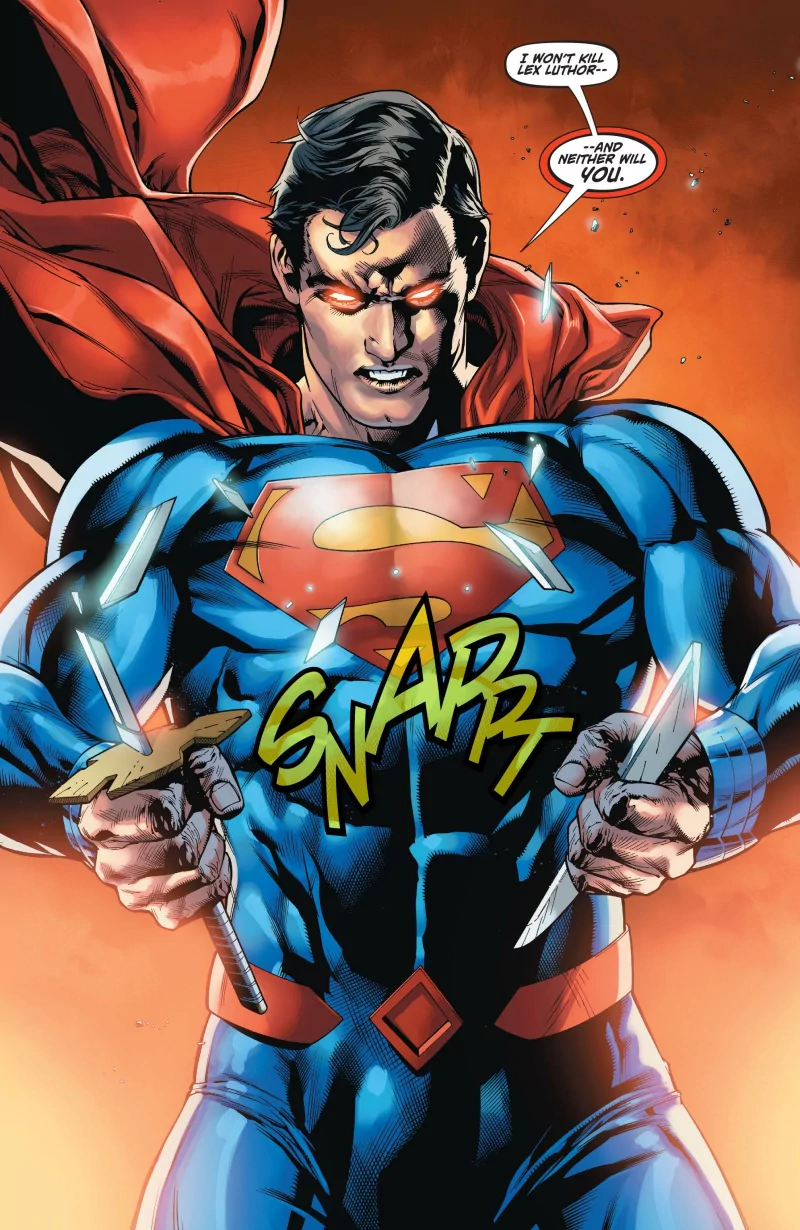 Comic image of Superman breaking multiple knives in his hands, with an intense expression and red cape flowing against an orange background.