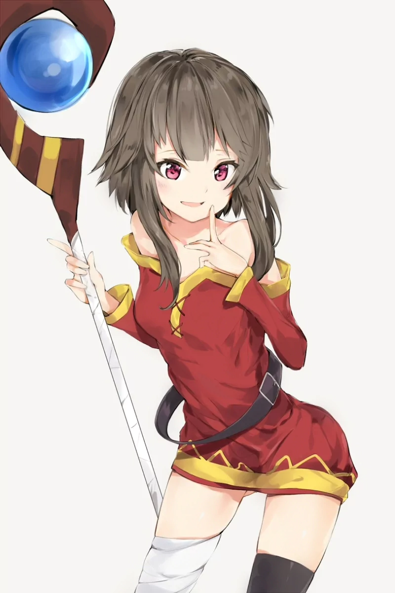 Megumin from KonoSuba — KonoSuba: God’s blessing on this wonderful world!! — in her red mage outfit, holding a staff with a blue orb, finger to lips and a playful smile.
