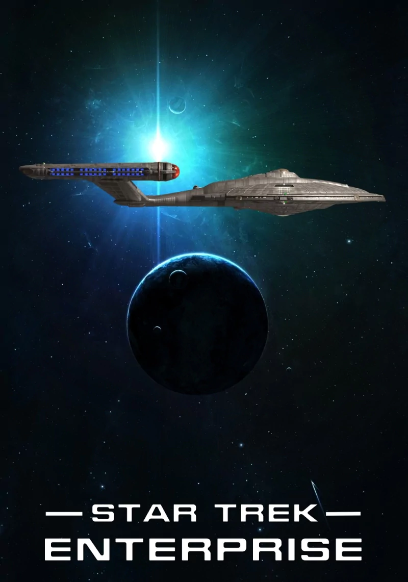 USS Enterprise from the TV show Star Trek: Enterprise gliding above a dark planet with a bright blue starfield and distant flare.
