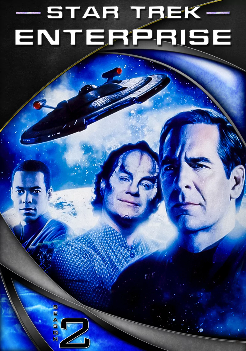 Promotional image for Star Trek: Enterprise Season 2 featuring main characters and the starship Enterprise against a starry space background.