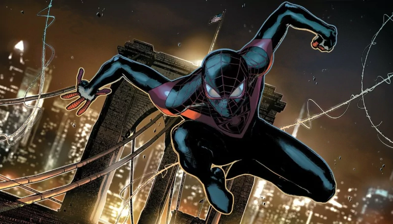 Miles Morales as Spider-Man swings near the illuminated Brooklyn Bridge at night, captured in a dynamic scene from Ultimate Comics: Spider-Man.