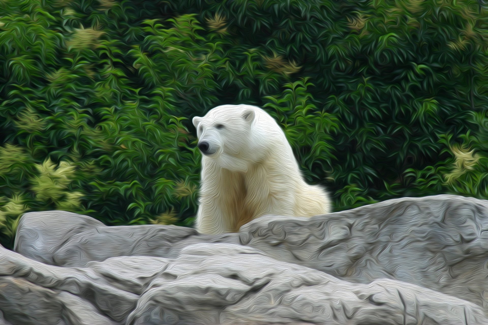 An oil painting of a polar bear resting on rocks in a zoo, surrounded by lush greenery, captures the animal's serene demeanor and natural habitat.