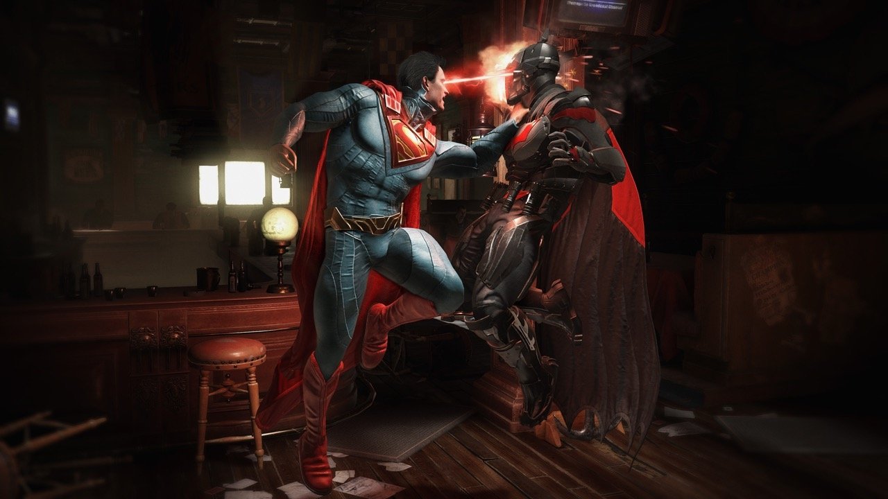 Superman battles Batman in a dynamic scene from the video game Injustice 2, showcasing intense action and vivid graphics in a dramatic confrontation.