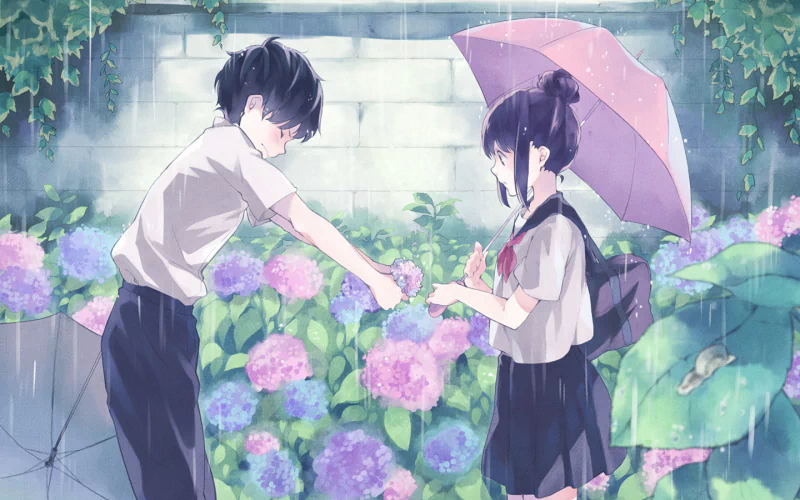 Anime couple in school uniforms sharing a tender moment under a pink umbrella in the rain, surrounded by blossoming hydrangeas with soft blush and romantic atmosphere.
