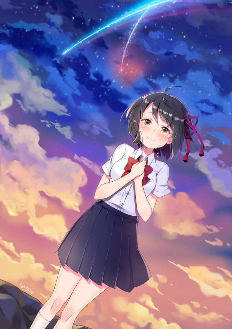Mitsuha Miyamizu from the anime Your Name. stands against a vibrant sky with glowing comet trails, blending twilight hues and stars in a captivating scene.