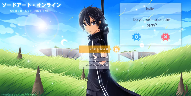 Kirito, also known as Kazuto Kirigaya, stands in a vibrant landscape from Sword Art Online, posed with a party invitation overlay asking if you wish to join.