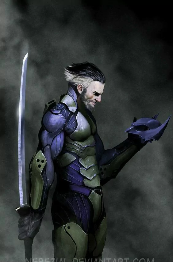 Ra's al Ghul from DC Comics holds a katana in one hand while examining a Batman mask in the other, set against a smoky, dark background.