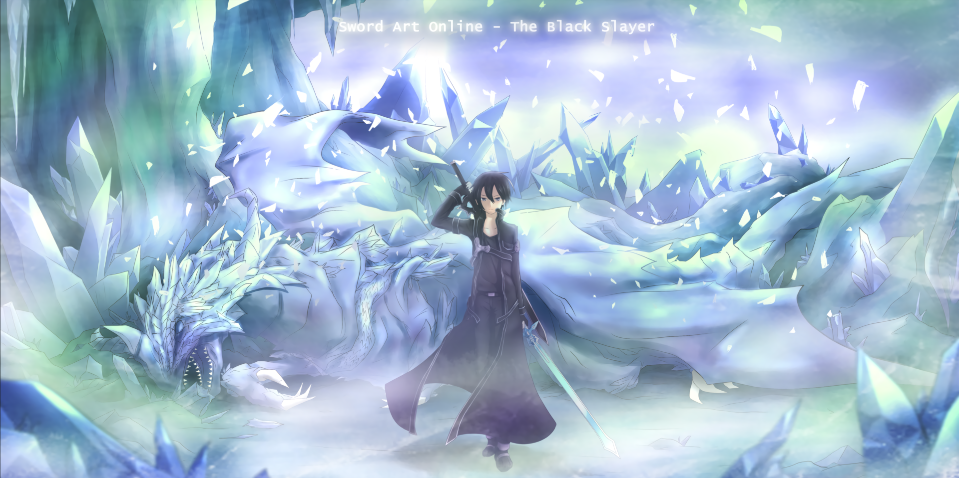 Kirito, also known as Kazuto Kirigaya from Sword Art Online, stands confidently in a glowing, icy landscape with a large dragon behind him.