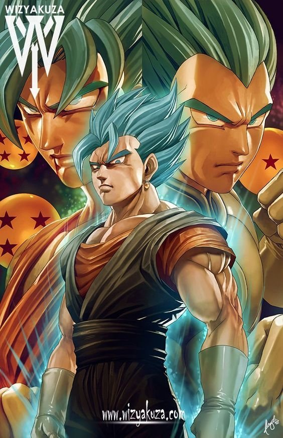 A captivating illustration of Vegito from Dragon Ball Super, showcasing the powerful fusion with striking blue and green hair against a dynamic background featuring Dragon Ball elements.