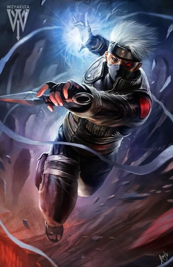 Kakashi Hatake, a popular character from the anime Naruto, is depicted in a dynamic pose, showcasing his ninja skills and unique lightning abilities amidst an action-packed background.