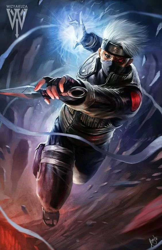 Kakashi Hatake, a popular character from the anime Naruto, is depicted in a dynamic pose, showcasing his ninja skills and unique lightning abilities amidst an action-packed background.