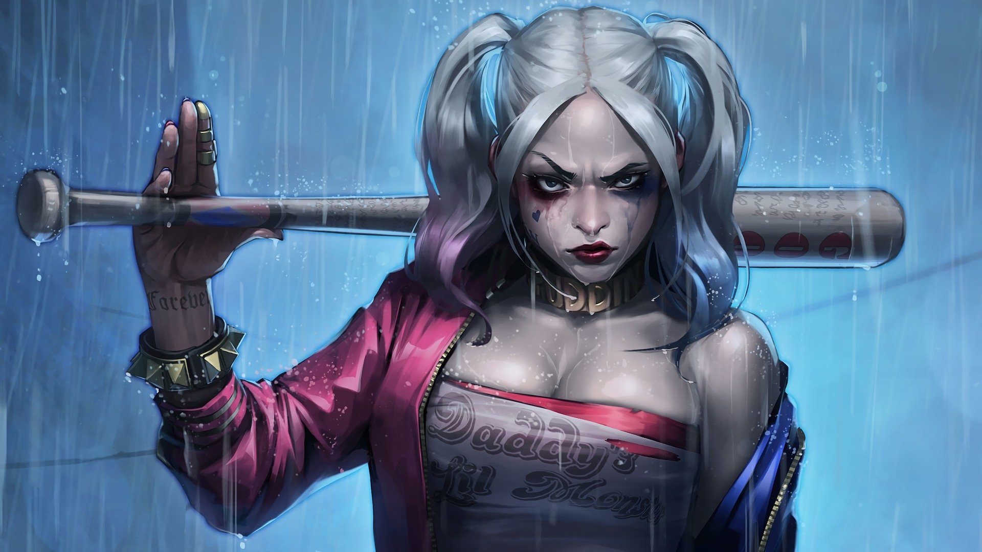Harley Quinn stands confidently in the rain, wielding a baseball bat. Her striking makeup and colorful outfit embody her fierce and rebellious spirit, characteristic of her comic persona.