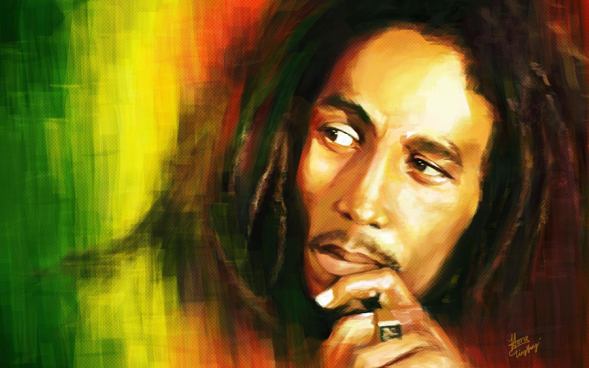 A vibrant portrait of Bob Marley, embodying the spirit of ska and reggae music, set against a lively background of green, yellow, and red.