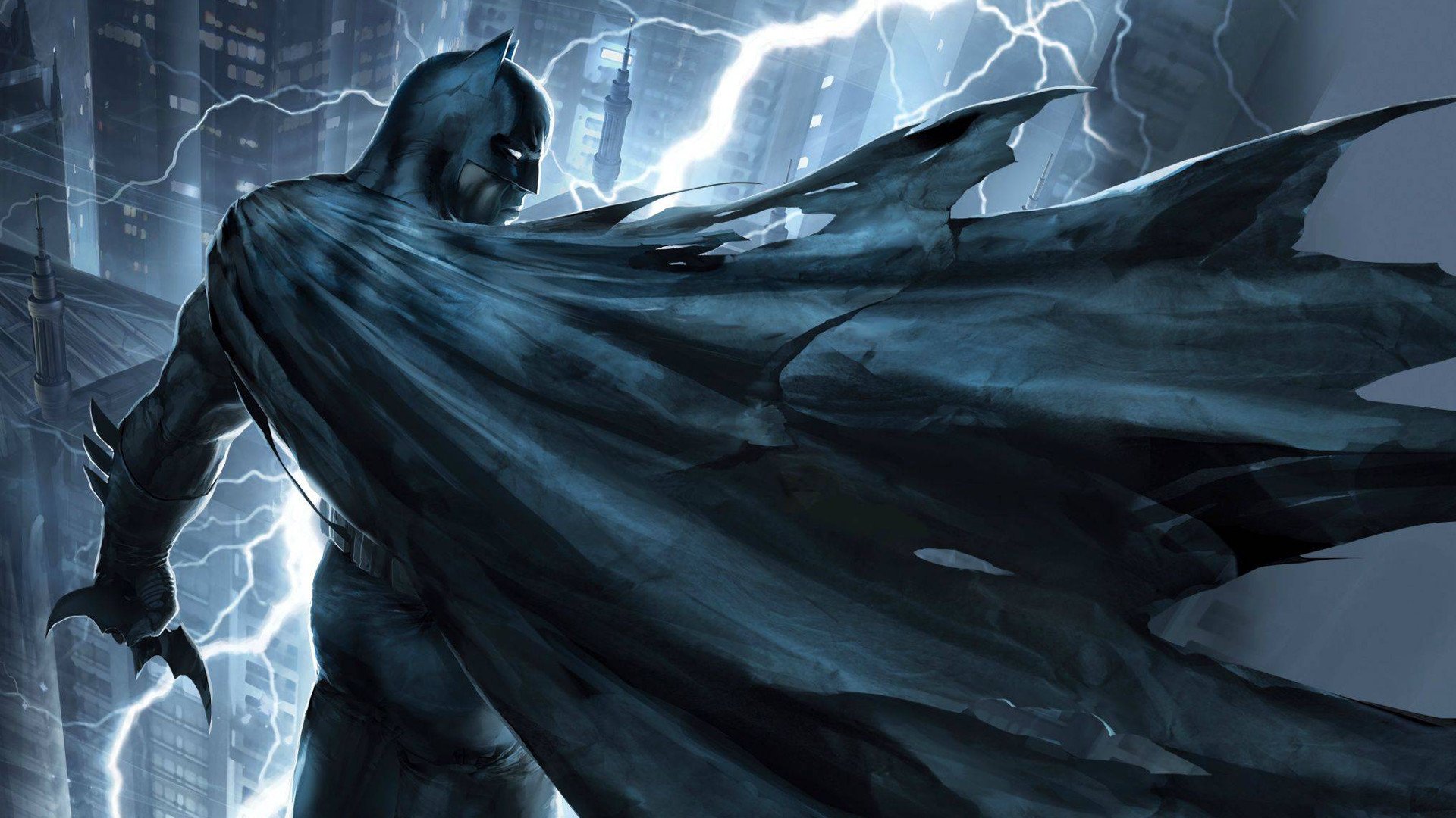 A dramatic depiction of Batman from the movie Batman: The Dark Knight Returns, shrouded in shadows with lightning illuminating his imposing figure and flowing cape.