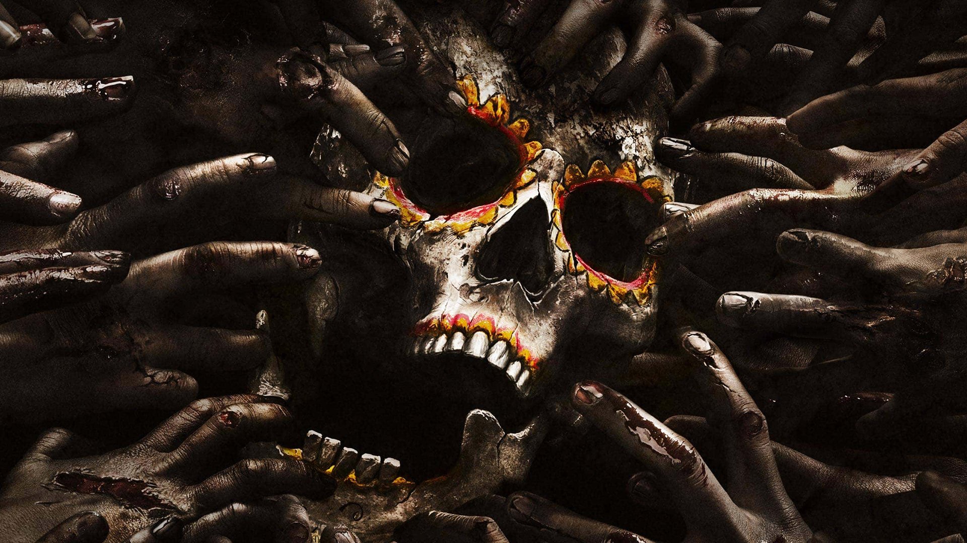 A skull adorned with colorful designs is surrounded by dark, grasping hands, evoking the eerie atmosphere of the TV show *Fear the Walking Dead*.