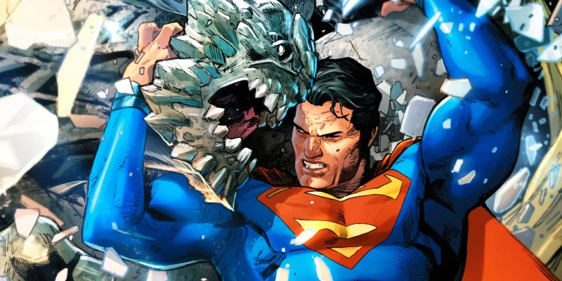 Superman battles the monstrous Doomsday in a dynamic DC Comics scene filled with intense action and vivid comic-style artwork.