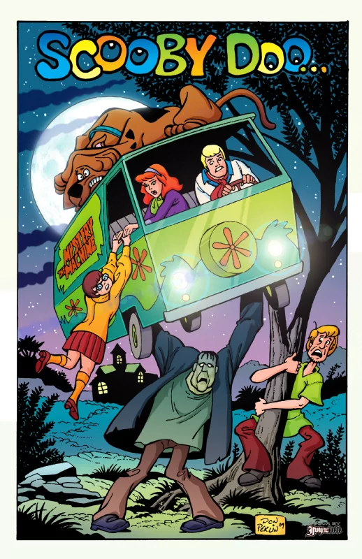 Scooby-Doo TV show poster: Scooby, Shaggy, Velma, Daphne and Fred in the Mystery Machine being hoisted by a monster under a full moon.