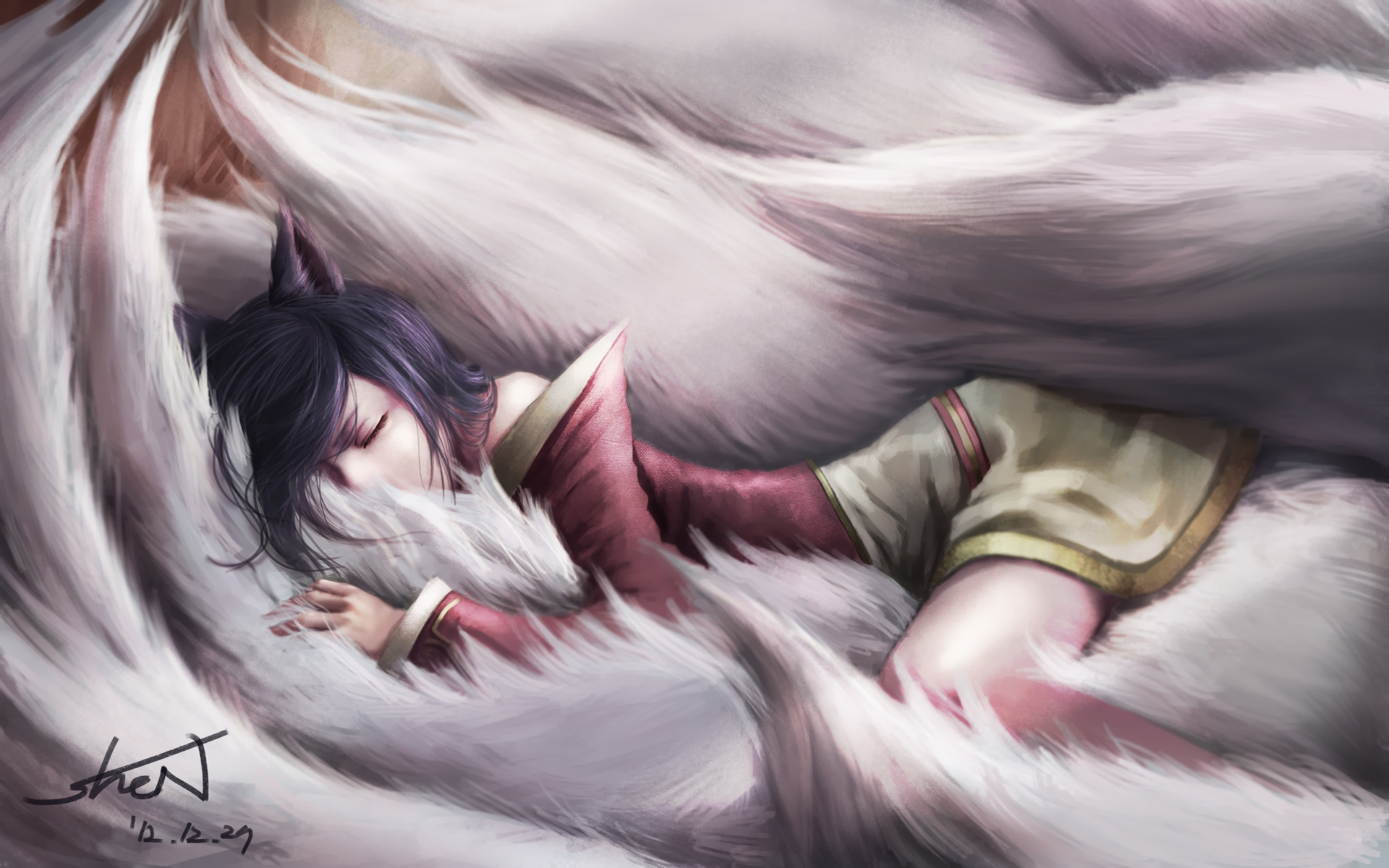 Ahri from League of Legends peacefully sleeping, curled up in her soft, flowing fur tails, blending the fantasy of the video game with a serene, cozy moment.