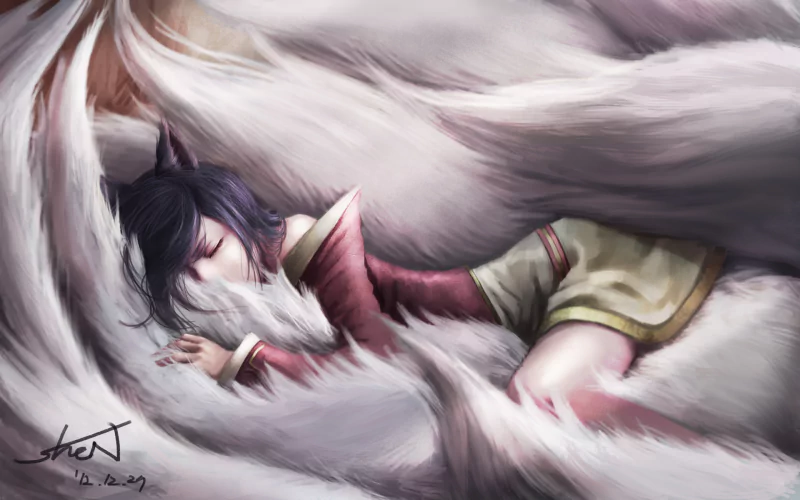 Ahri from League of Legends peacefully sleeping, curled up in her soft, flowing fur tails, blending the fantasy of the video game with a serene, cozy moment.