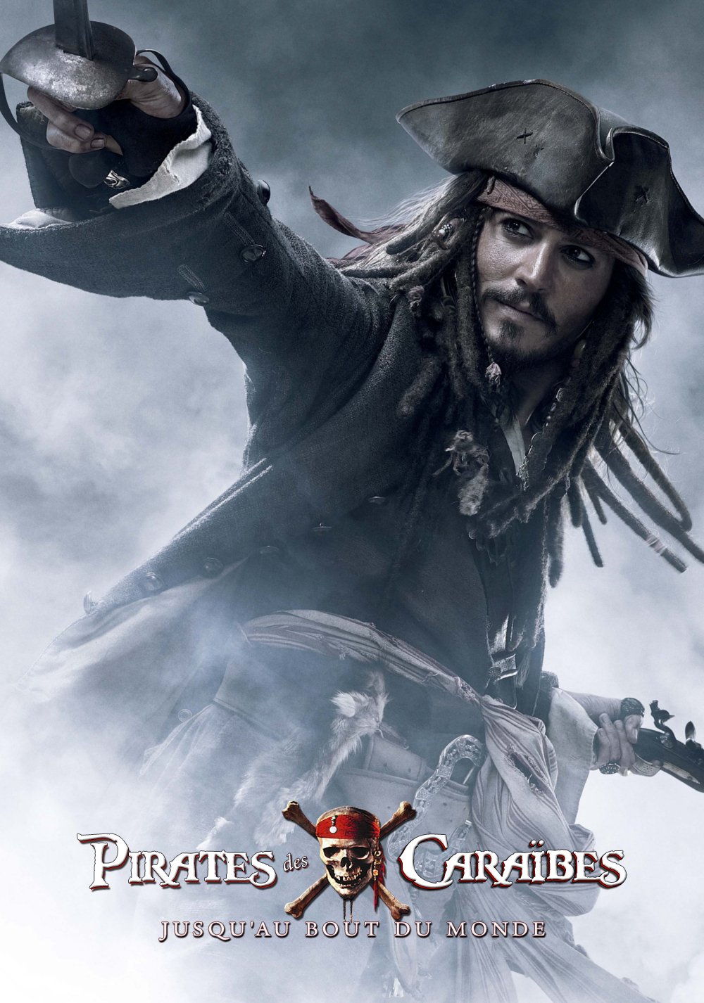 Promotional image for the movie Pirates Of The Caribbean: At World's End featuring Captain Jack Sparrow in pirate attire with a sword raised.