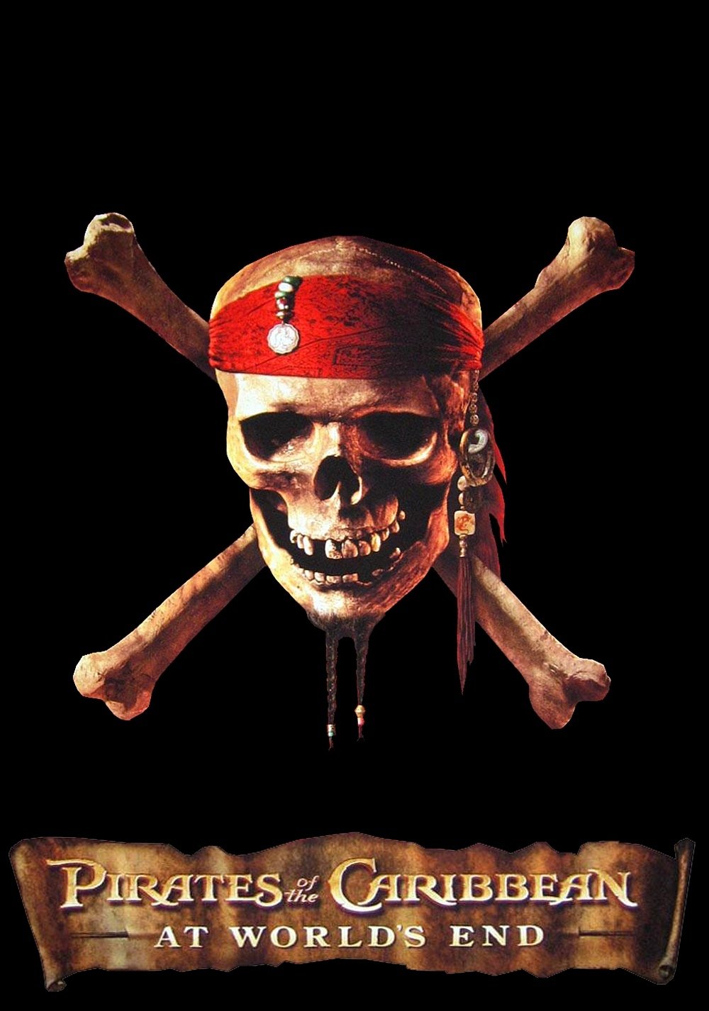 Skull with a red bandana and beads in front of crossed bones, featuring the title Pirates of the Caribbean: At World's End on a dark background.