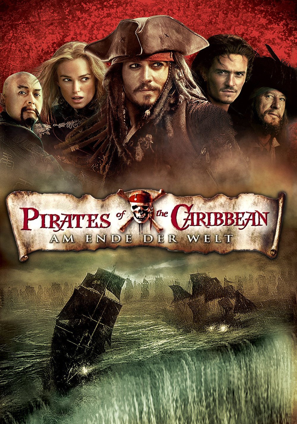 Promotional poster for the movie Pirates of the Caribbean: At World's End featuring key characters above a dramatic ocean scene with pirate ships near a waterfall.