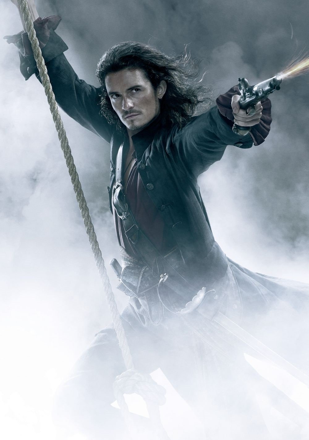 A character from the movie Pirates Of The Caribbean: At World's End swings on a rope through mist, aiming a flintlock pistol with intense focus.