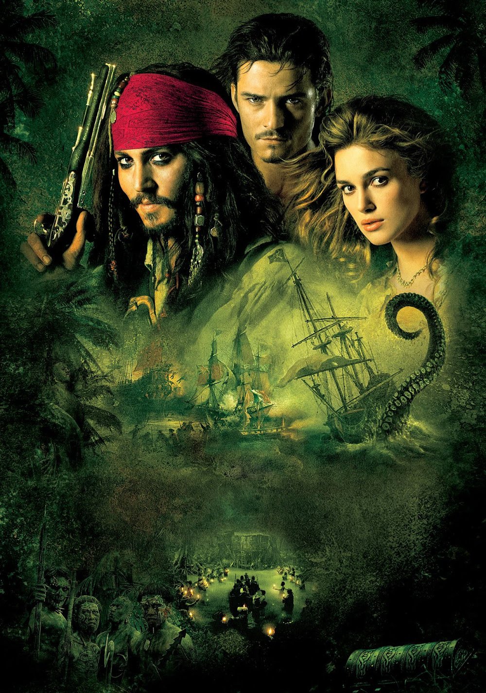 Promotional poster for the movie Pirates of the Caribbean: Dead Man's Chest featuring main characters, ships at sea, and a giant squid tentacle in a dark, greenish tone.