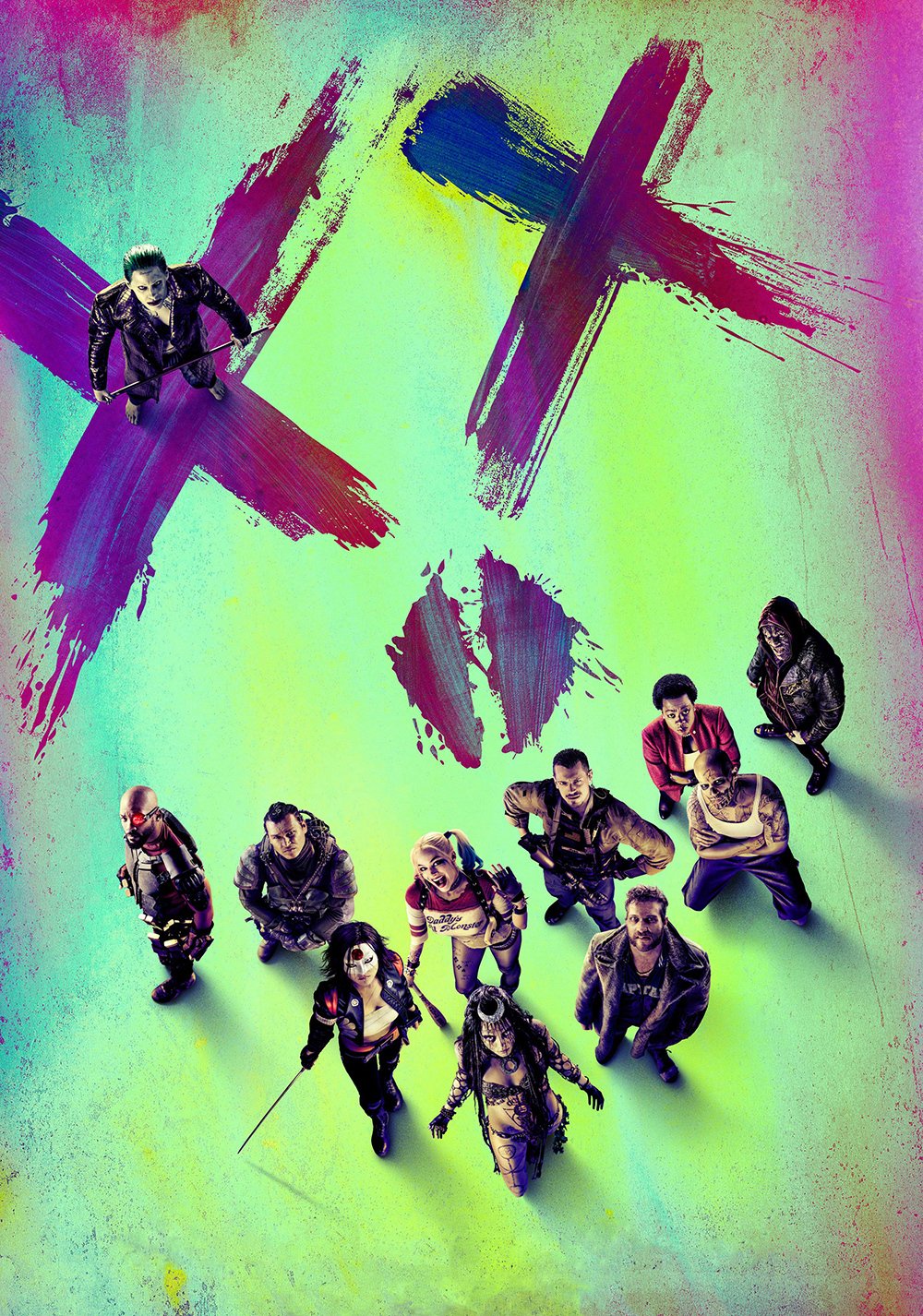 Overhead neon Suicide Squad movie poster showing the team arranged into a skull with painted X eyes and a mouth, all characters looking up.