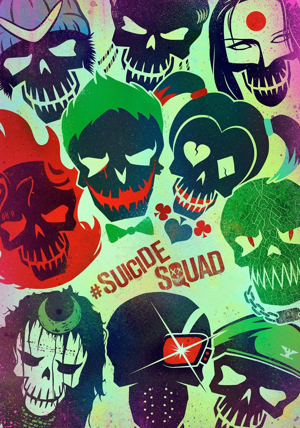 Neon punk collage of skull-faced Suicide Squad movie characters, stylized portraits surrounding a central #SuicideSquad logo.