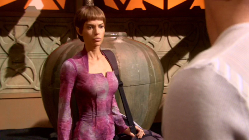 Scene from the TV show Star Trek: Enterprise: a short‑haired woman in a purple form‑fitting outfit stands indoors with a bag, facing someone off-frame.