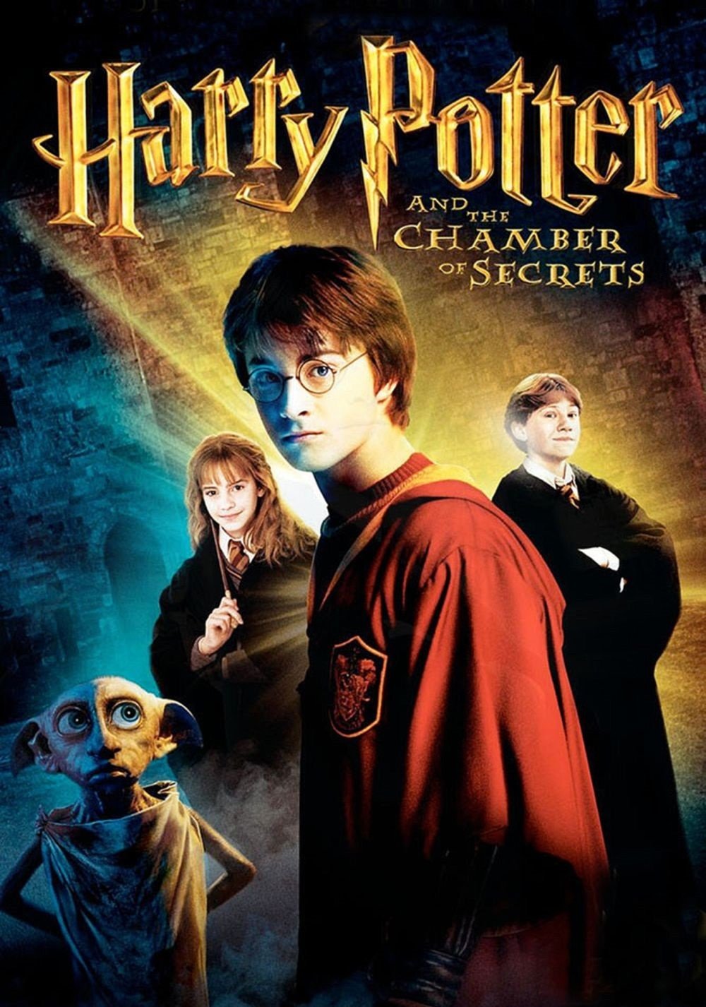 Poster for the movie Harry Potter and the Chamber of Secrets featuring Harry Potter, Hermione Granger, Ron Weasley, and the house-elf Dobby against a mystical background.