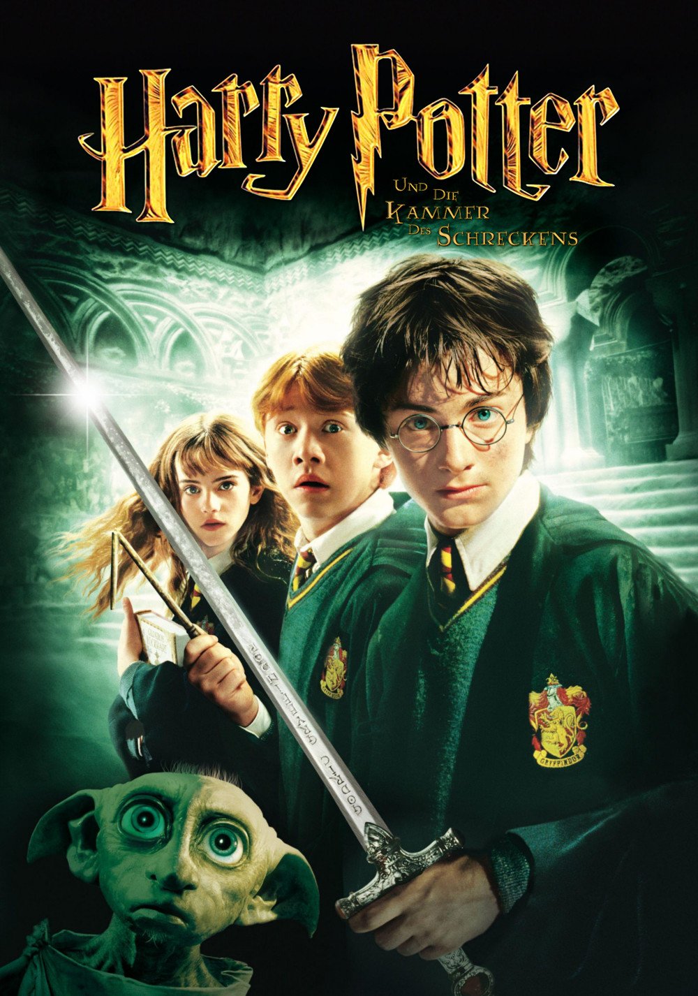 Movie poster for Harry Potter and the Chamber of Secrets showing Harry, Ron, Hermione, and Dobby with a glowing sword in a dark, magical setting.