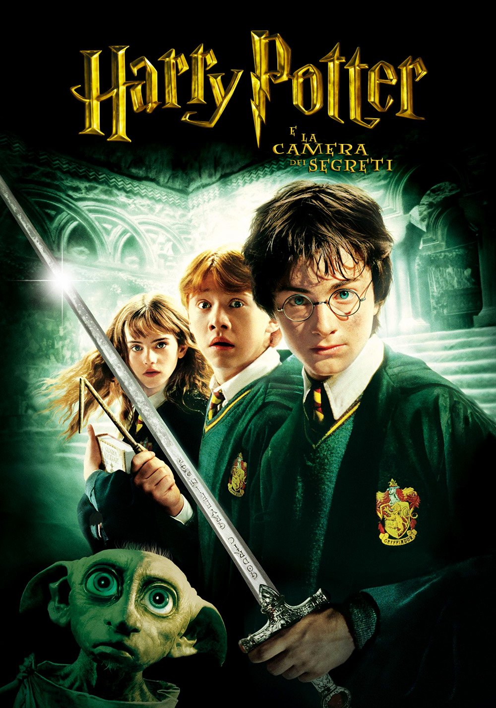 Poster for the movie Harry Potter and the Chamber of Secrets featuring Harry, Ron, Hermione, and Dobby with a sword and a mysterious, glowing background.