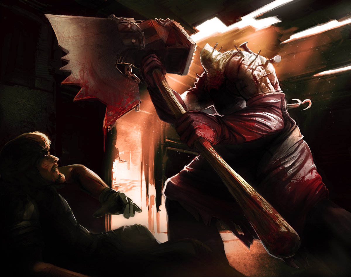 A terrifying, heavily armored creature wields a massive cleaver, looming over a cowering character in a dark, intense scene from the Resident Evil video game series.