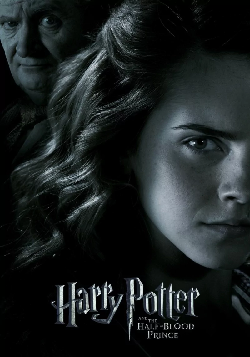 Close-up of Hermione Granger and another character in a dark, moody scene from the movie Harry Potter and the Half-Blood Prince. The movie title is displayed at the bottom.