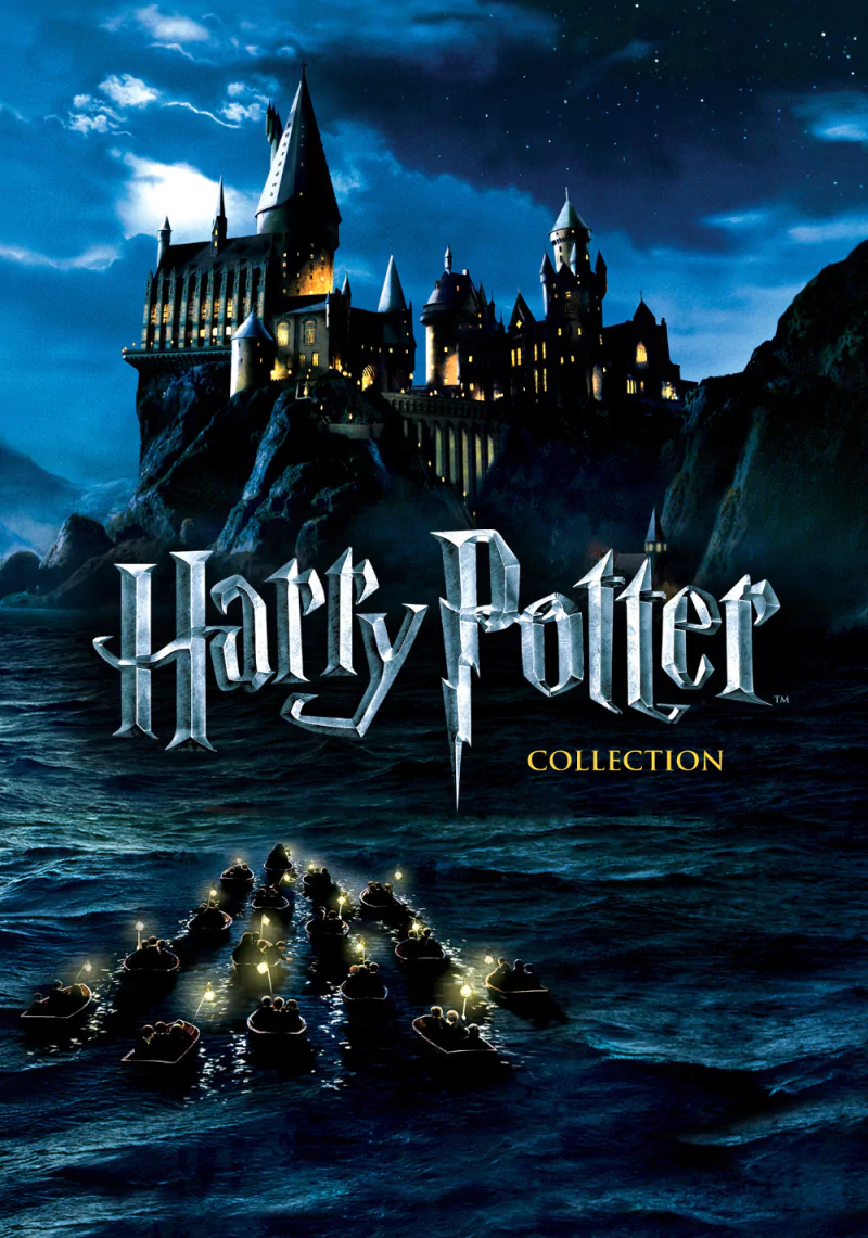 The Harry Potter movie collection cover features Hogwarts castle illuminated at night with small boats carrying students across the lake.