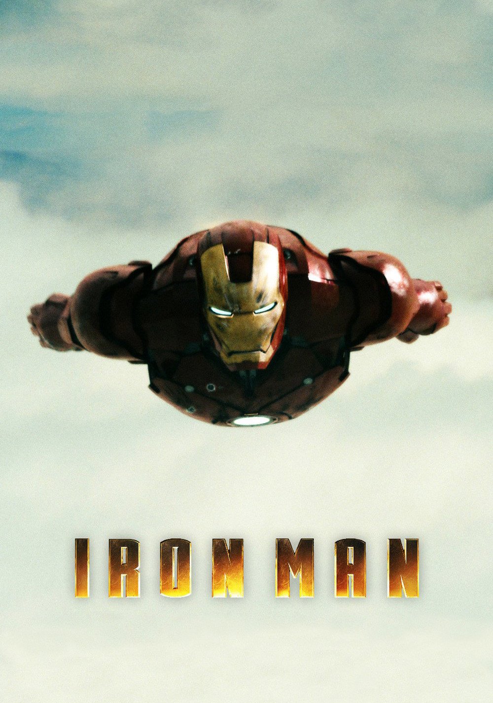 Iron Man soars through the sky in his iconic red and gold suit, embodying the superhero's strength and confidence, with the movie title prominently displayed below.