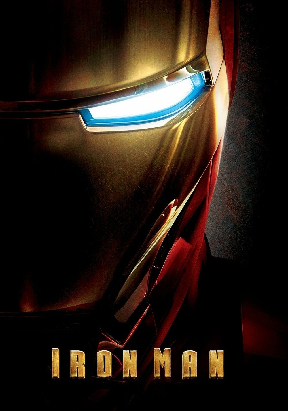 Close-up of Iron Man's helmet, showcasing its metallic texture and glowing blue eyes, with the title Iron Man prominently displayed at the bottom.