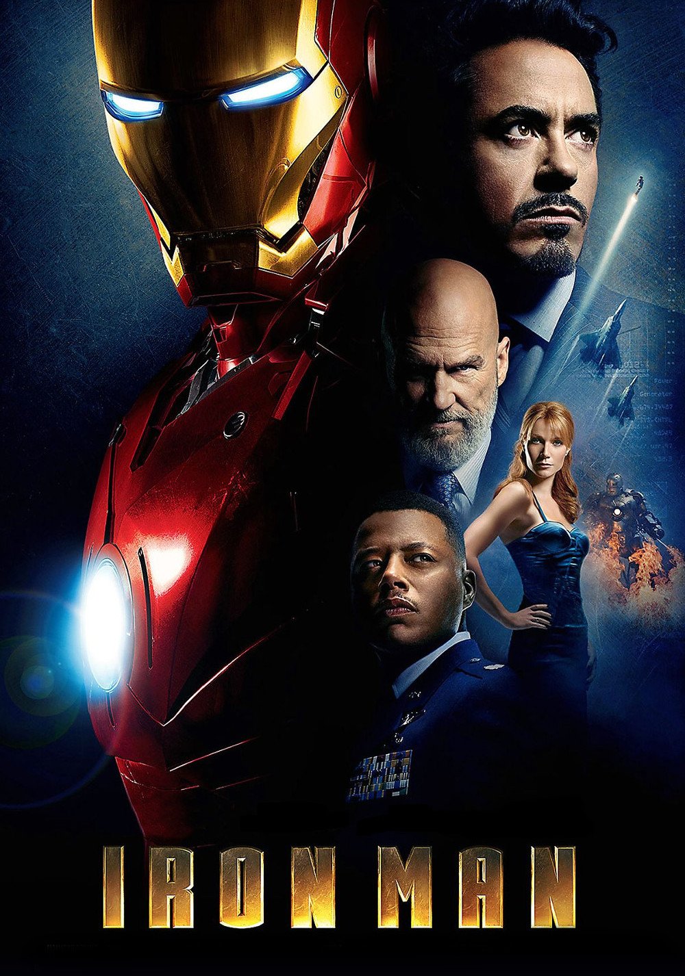 A dynamic poster for the movie Iron Man, featuring the iconic armored superhero alongside key characters in a dramatic, action-packed design.