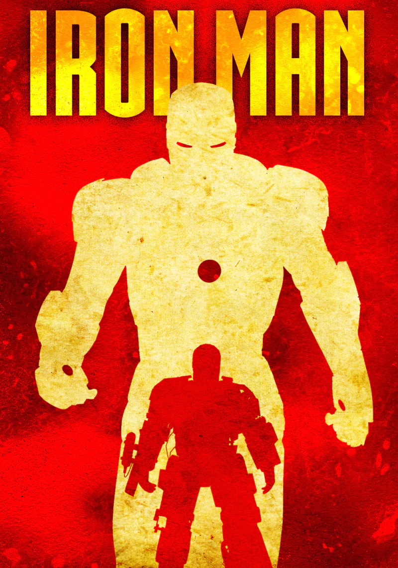 A stylized poster for the movie Iron Man features a bold, golden silhouette of the armored hero against a vibrant red background, emphasizing his iconic presence.