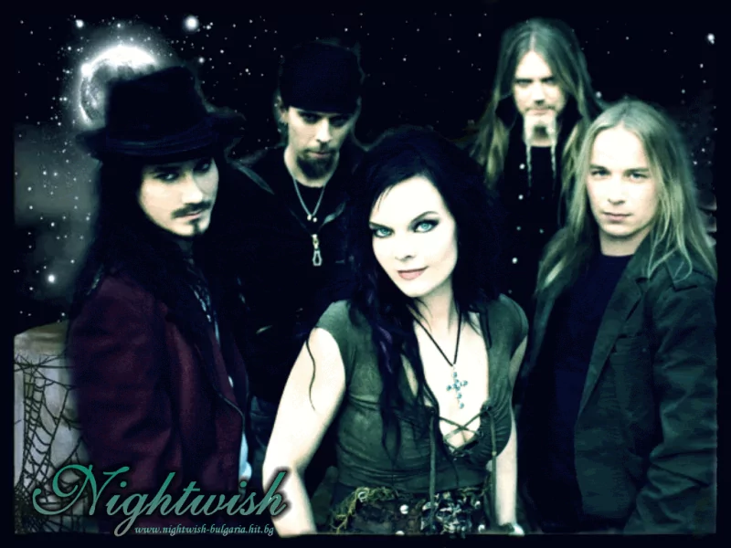 Promotional portrait of five musicians in gothic attire against a starry backdrop, female lead centered, evoking symphonic metal.