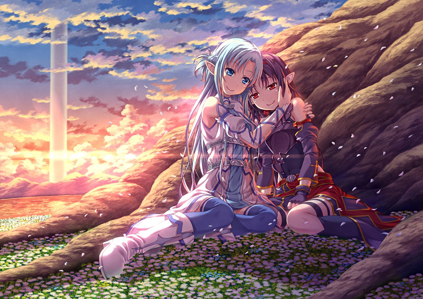 Asuna Yuuki and Yuuki Konno from Sword Art Online II share a tender moment, sitting together on a grassy hill under a vibrant sunset sky.