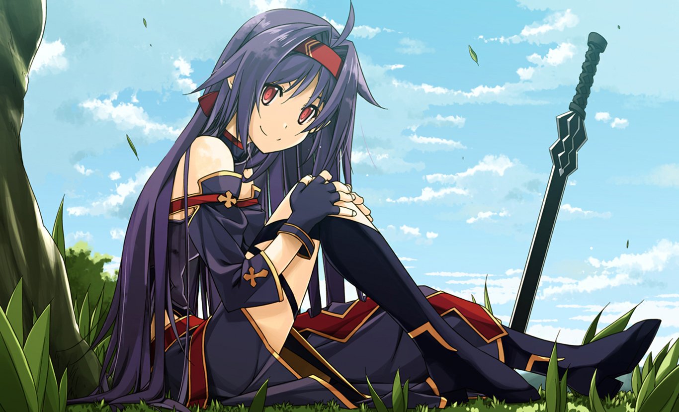 Yuuki Konno from Sword Art Online II sitting on grass, long purple hair, red headband and black-and-red outfit, her sword planted upright behind her.
