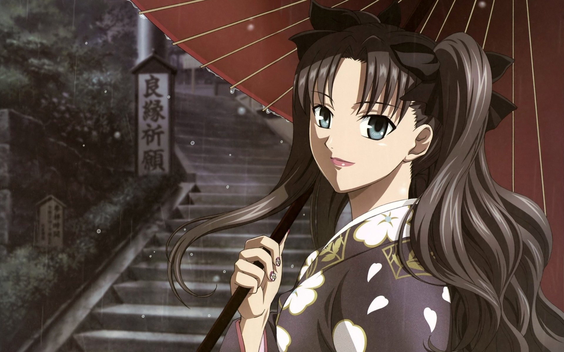 Rin Tohsaka from Fate/Stay Night stands under a traditional umbrella at night, wearing a kimono with cherry blossom patterns and her hair styled in twin tails.